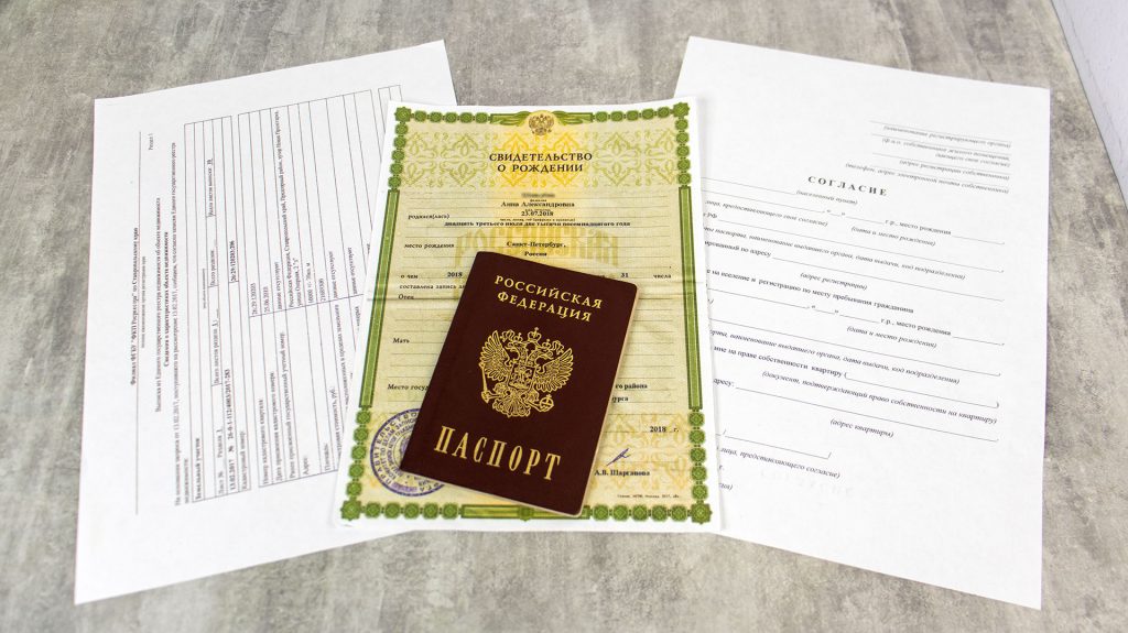Паспорт, свидетельство о рождении, согласие собственника и выписка из ЕГРН