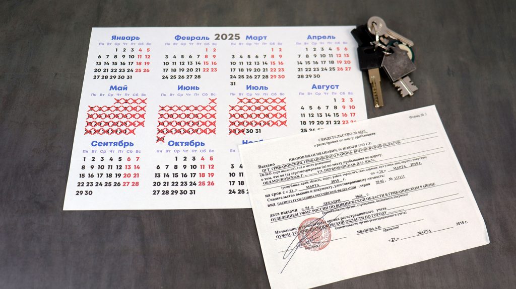 Календарь с отмеченными датами, ключи и регистрационные документы
