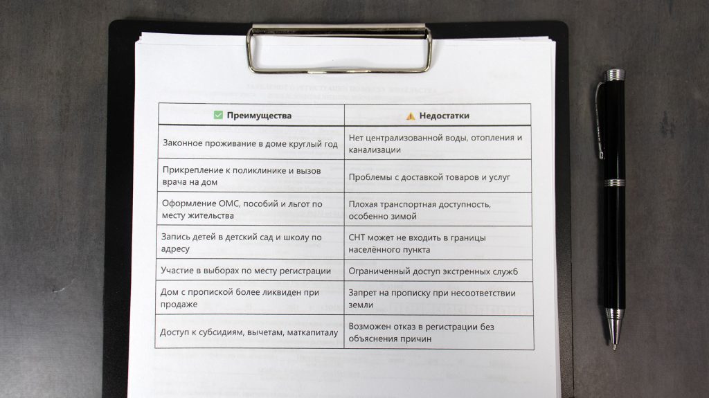 Таблица с преимуществами и недостатками прописки в СНТ
