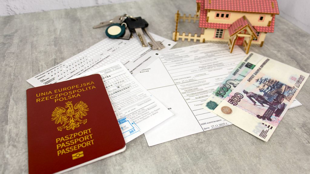 Иностранный паспорт, миграционные документы и российские купюры на столе